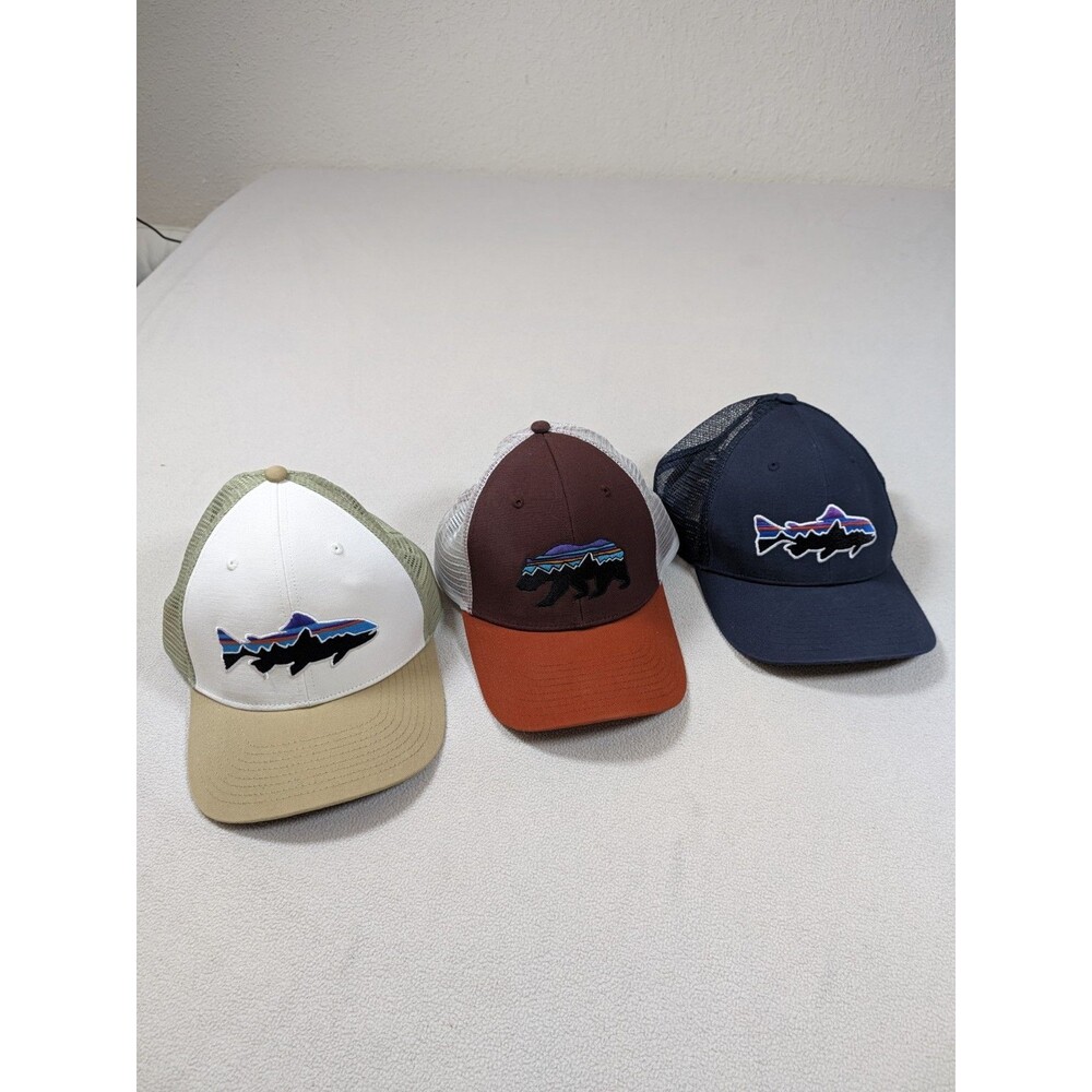 Lot of 3 Patagonia Fitz Roy Trout Bear Trucker Hat Mesh Snapback Cream Red Blue